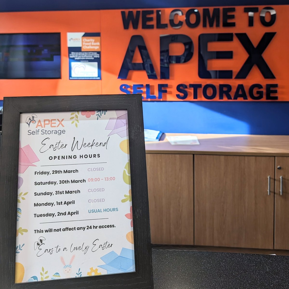 Here's an update on our Easter weekend opening hours🐰

Only our Radcliffe branch will be open until 16:00 on Saturday, 30th March.

#ApexSelfStorage #SelfStorageManchester #Manchester  #Cheshire #Cheadle #Glossop #Radcliffe #Hulme #Ardwick #Warrington #SportCity #Congleton