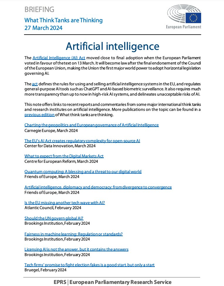 LuizaJarovsky's tweet photo. 🚨 BREAKING: The European Parliament released a new briefing with reports from major think tanks &amp; research institutes on AI. Check it out: https://t.co/gLCf94d1eJ