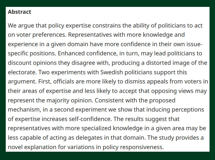 #OpenAccess from our new issue - The Expertise Paradox: How Policy Expertise Can Hinder Responsiveness - cup.org/3Vv7HSc - @miguelmaria & @polgu