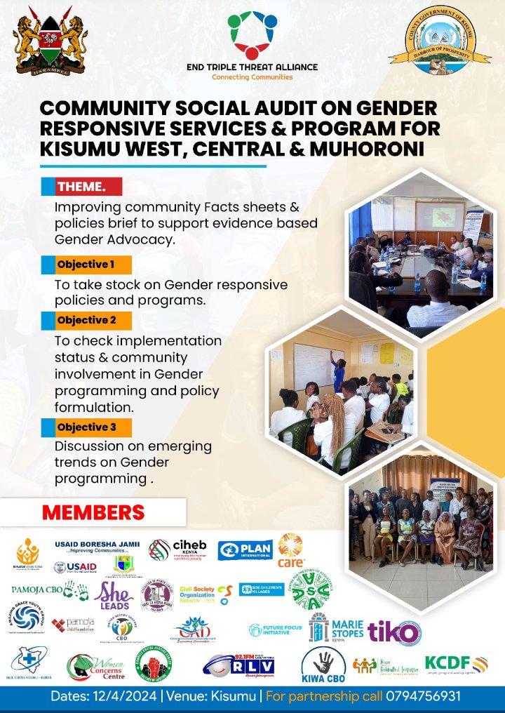 📢 Coming up this April: Community social audit on Gender Responsive Service and programs for Kisumu West, Central, and Muhoroni! Stay tuned for updates and ways to participate. #GenderEquality #CommunityAudit #Kisumu #SocialJustice 🌟