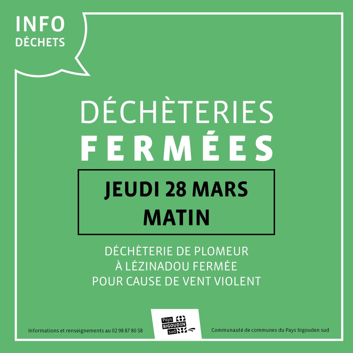 [DÉCHÈTERIE DE PLOMEUR FERMÉ] La déchèterie sera fermée au moins jeudi 28 mars matin pour cause de vent violent. Les déchèteries de Quélarn à Plobannalec-Lesconil et de Kerbénoen à Combrit sont quant à elles ouvertes. #dechets #decheterie #bigouden #pbs