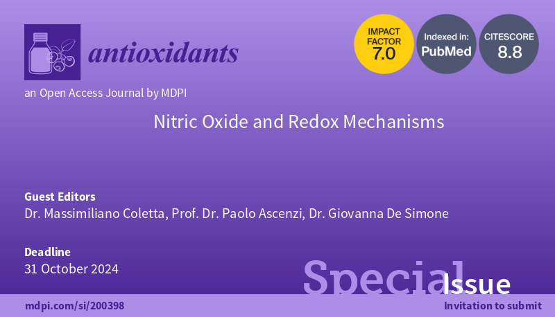 📙#SpecialIssue '#NitricOxide and #RedoxMechanisms' guest edited by Dr. Massimiliano Coletta, Prof. Dr. Paolo Ascenzi and Dr. Giovanna De Simone is now open for submissions! 👉Look forward to receiving your contribution at: mdpi.com/si/200398 @MDPIBiologySubj