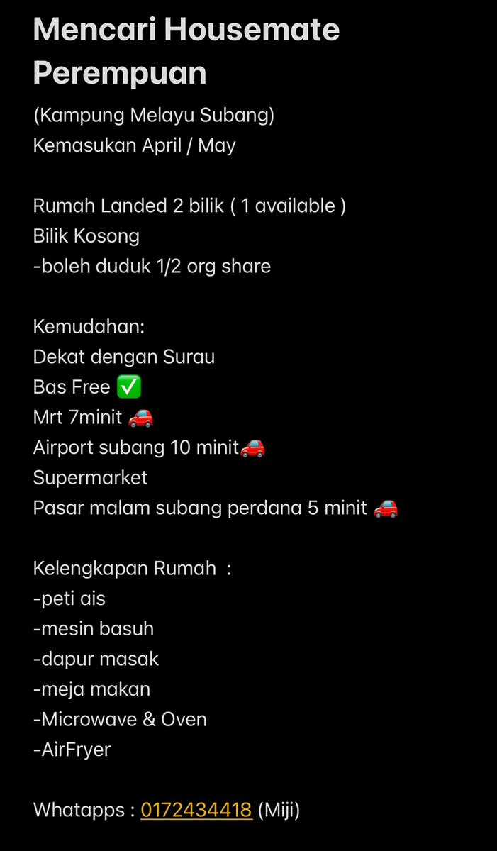MiyyJ's tweet photo. @BilikSewaMampu 
MENCARI HOUSEMATE PEREMPUAN
Location KAMPUNG MELAYU SUBANG
Kemasukan April/ May

https://t.co/QpI88BEKpk https://t.co/PmeKA3i6lk