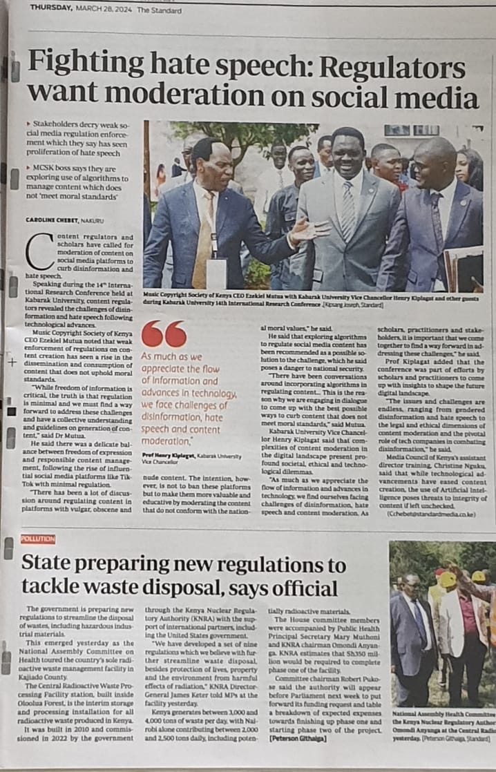 'While freedom of information is critical, the truth is that regulation is minimal and we must find a way forward to address these challenges and have a collective understanding and guidelines on generation of content.' Dr. @EzekielMutua Read more in The Standard, page 11. #MCSK