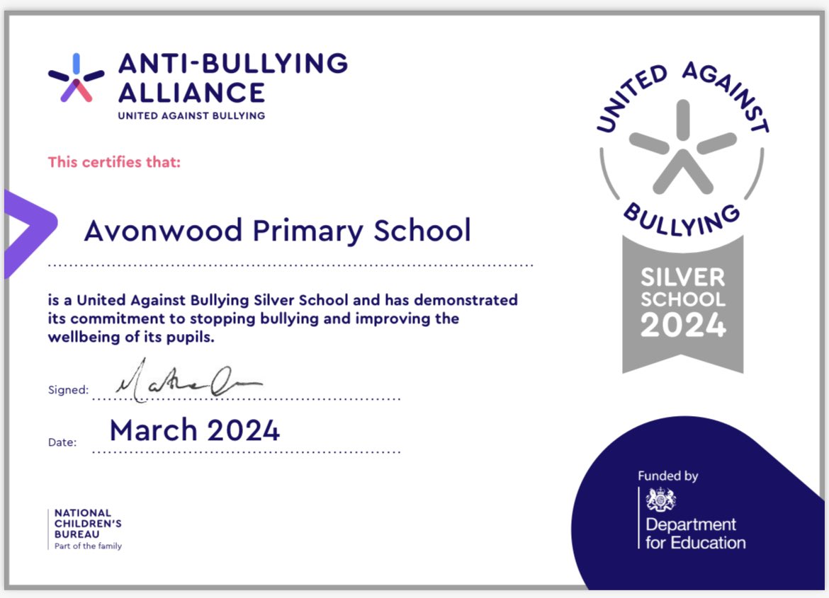 Great to end term with news of our ‘Silver Award’ from the <a href="/ABAonline/">Anti-Bullying Alliance #AntiBullyingWeek</a>! Well done to Miss Rae, Mrs Williams, Mrs Sephton and our brilliant team of Friendship Ambassadors! #TeamAvonwood #ItStartsWithOne