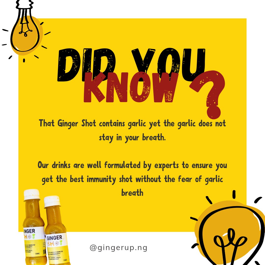 GingerUpNg's tweet photo. That Ginger Shot contains garlic yet the garlic does not stay in your breath.

Our drinks are well formulated by experts to ensure you get the best immunity shot without the fear of garlic breath.
#gingershot #healthydrink https://t.co/U17KDr1ttU