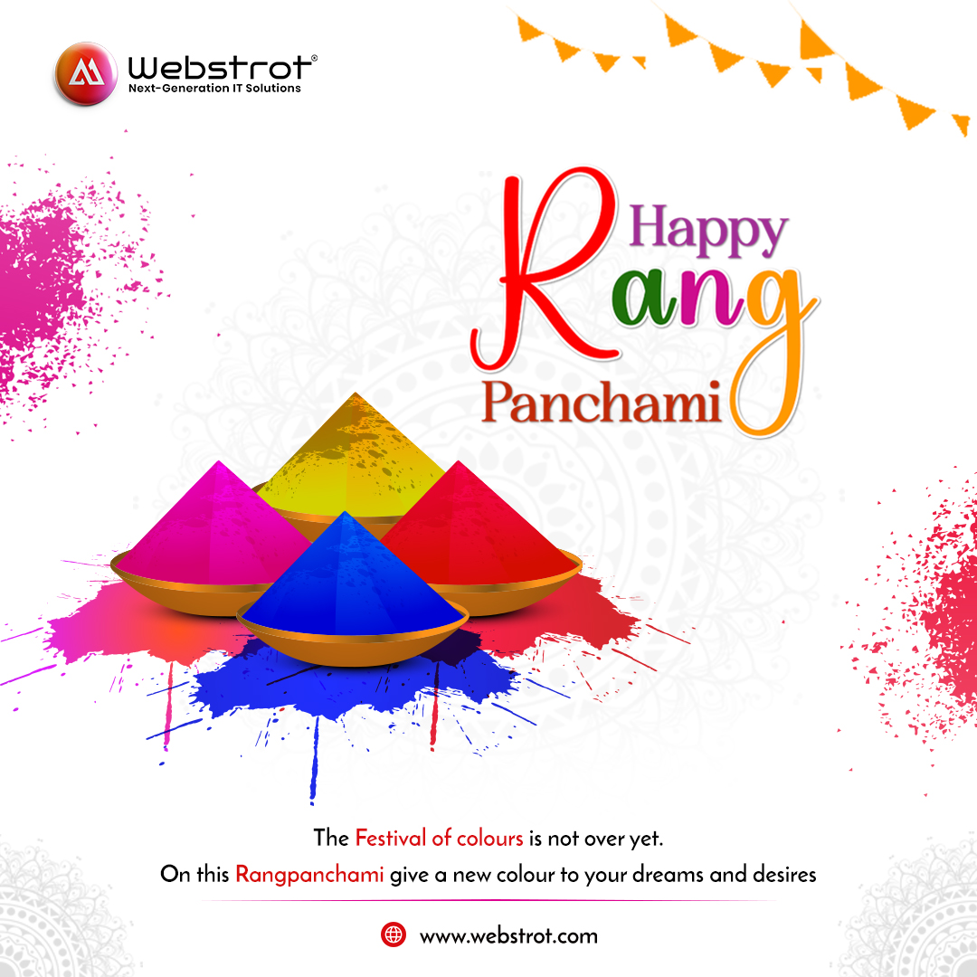 Let the colours of Rangpanchami fill your life with joy and happiness.

Webstrot Team wishes you a very #happyrangpanchami🎨

#rangpanchami2024 #colorsofjoy❤️ #celebrationtime🎉  #webdesigning #itcompany #itcomapnydewas #nextgenerationitsolution #itservice #webstrot