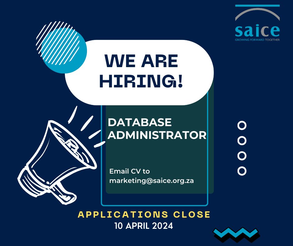 Join SAICE as a Database Administrator! Are you passionate about leveraging CRM systems for business success? With 5+ years' experience in CRM analysis, building, testing, and implementation, you could be our perfect fit! Send your CV to marketing@saice.org.za by April 10 2024.