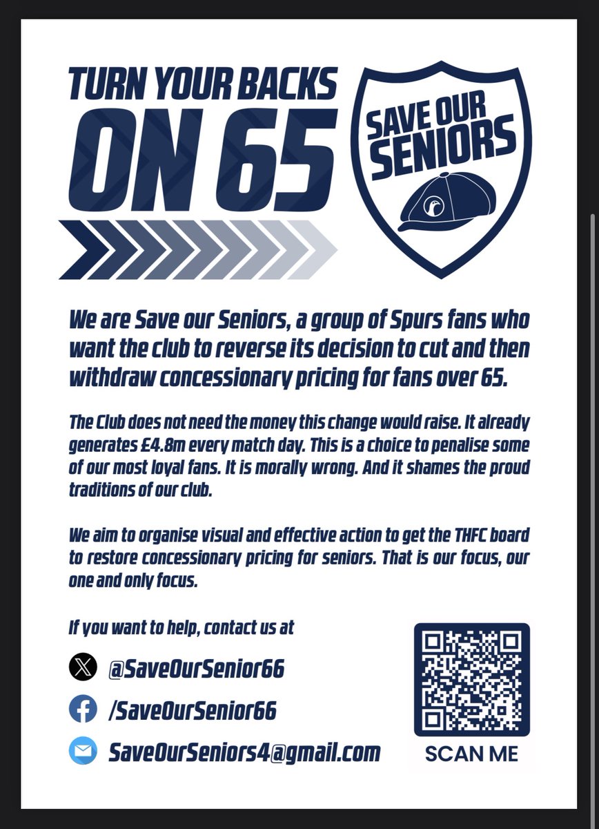 📣 TURN YOUR BACKS ON 65 📣 Save Our Seniors is asking fans to turn their backs on the pitch on 65 minutes at the @SpursOfficial v @LutonTown match on Saturday in protest at THFC turning its back on some of its most loyal fans; the over 65s. Please join us 💪 Details here 👇