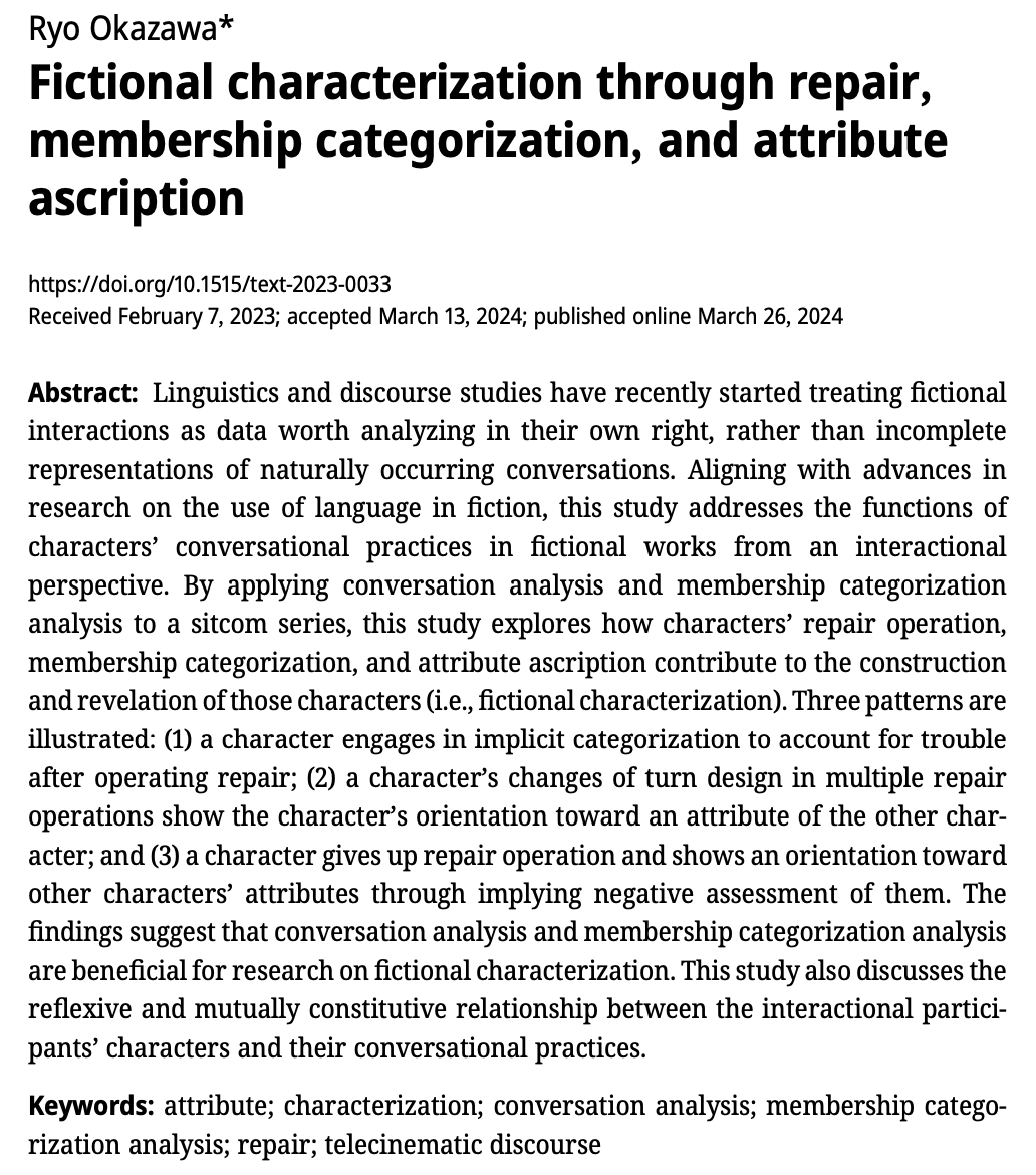 In principle, screenwriters can design fictional interactions in which no misunderstanding occurs. Then why do they make characters misunderstand and operate repair? My new paper on fictional characterization and membership categorization is out now. degruyter.com/document/doi/1…