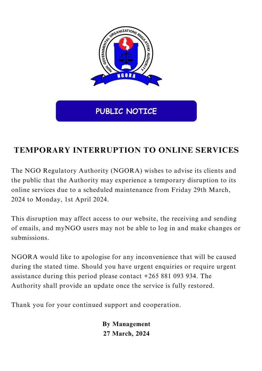 Notice on interruption to online services