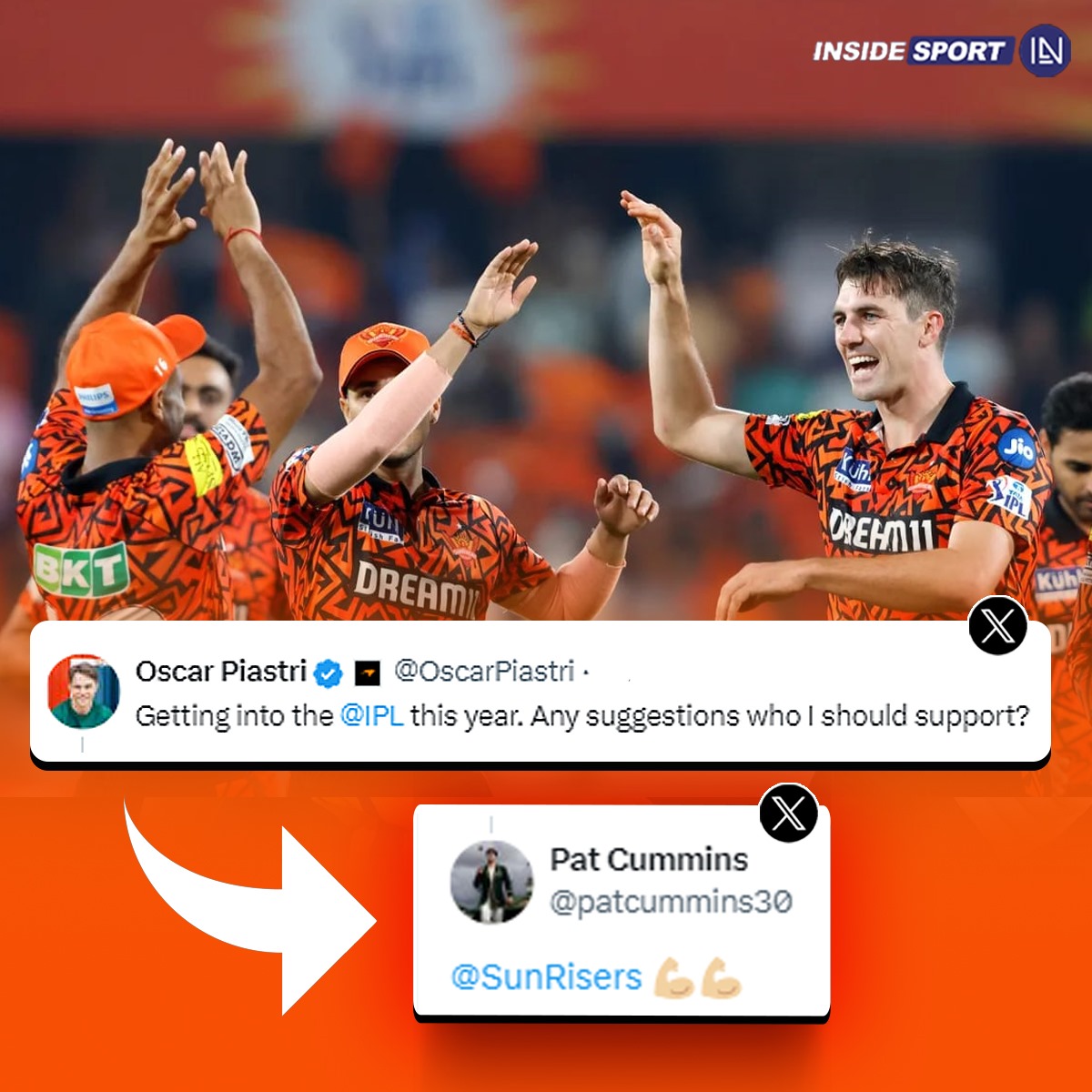 InsideSportIND's tweet photo. Pat Cummins has a clear message for his fellow countrymen, Oscar Piastri 🟠

#PatCummims #OscarPiastri #SRH #IPL2024 #CricketTwitter https://t.co/CBoxoXqxNF