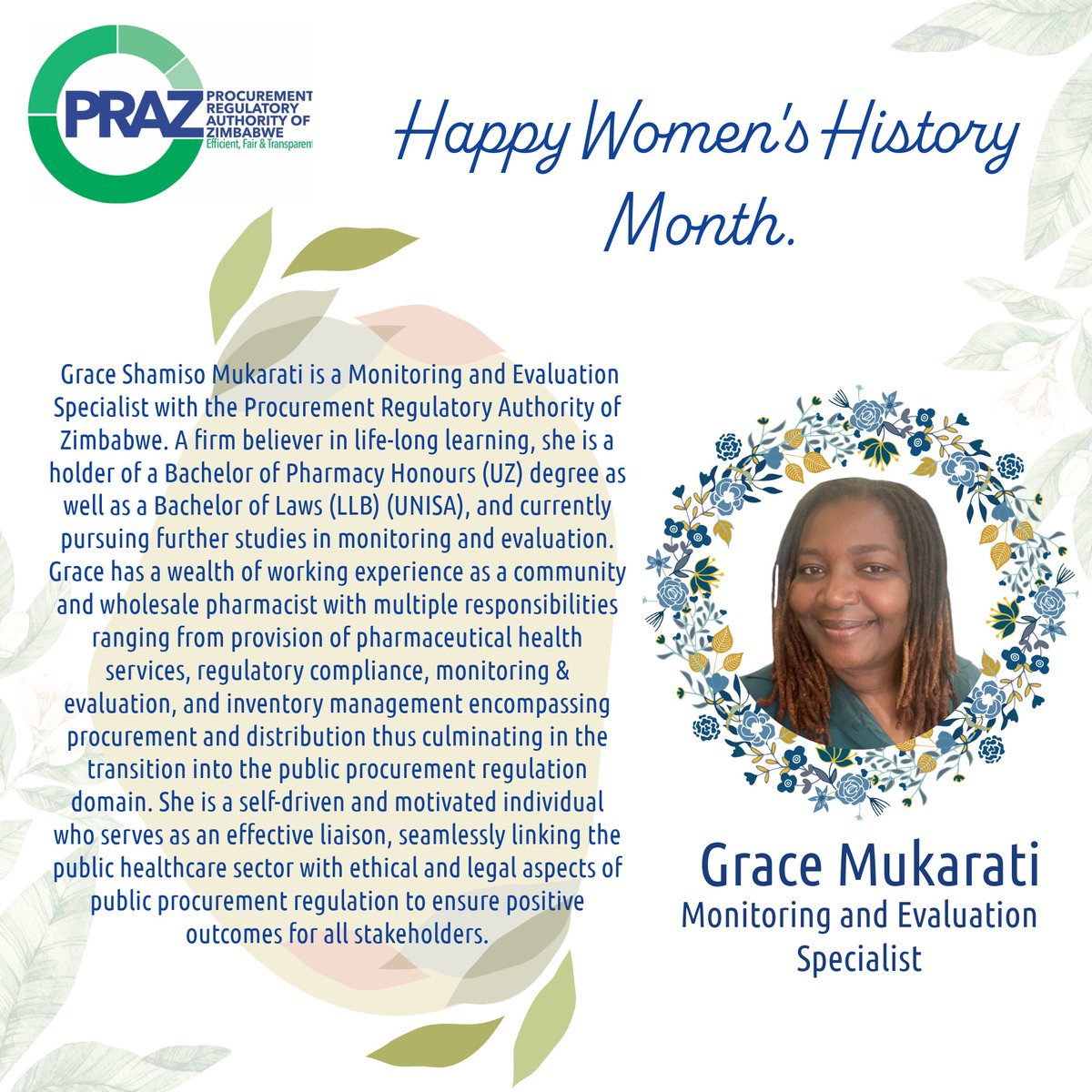 Celebrating remarkable women in public procurement. Ms. Grace Mukarati is a self-driven and motivated team player in the Monitoring and Evaluation division. #InclusivityInPublicProcurement #InternationalWomensMonth2024