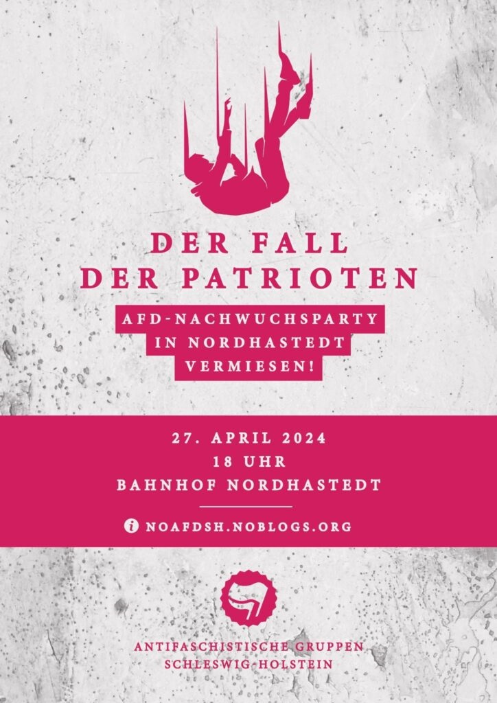 Antifa bleibt Landarbeit – die AfD-Nachwuchsparty am in Nordhastedt vermiesen! 

Samstag, 27.04.2024 | 18 Uhr | Bahnhof | Nordhastedt

Aufruf: antifapinneberg.noblogs.org/post/2024/03/2… 

#Antifa #NoAfD #Nordhastedt #Dithmarschen #NoAfDSH #NoNazis #NoNazisSH #NoNazisHH