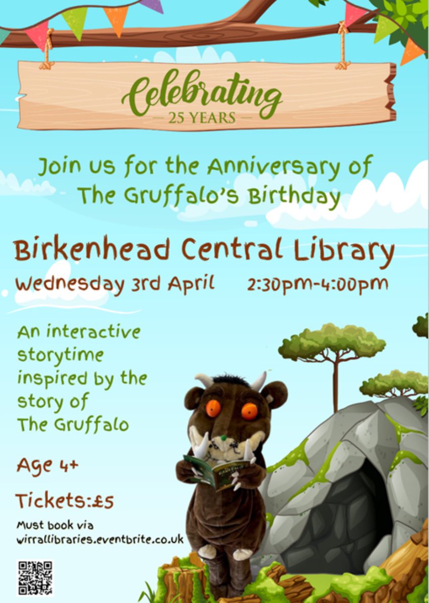 Don't miss the exciting storytime to celebrate 25 years of The Gruffalo! 🗓️ Wednesday 3rd April 🕒 2.30 - 4.30 pm 📍 Birkenhead Central Library 🎯 Ages 4+