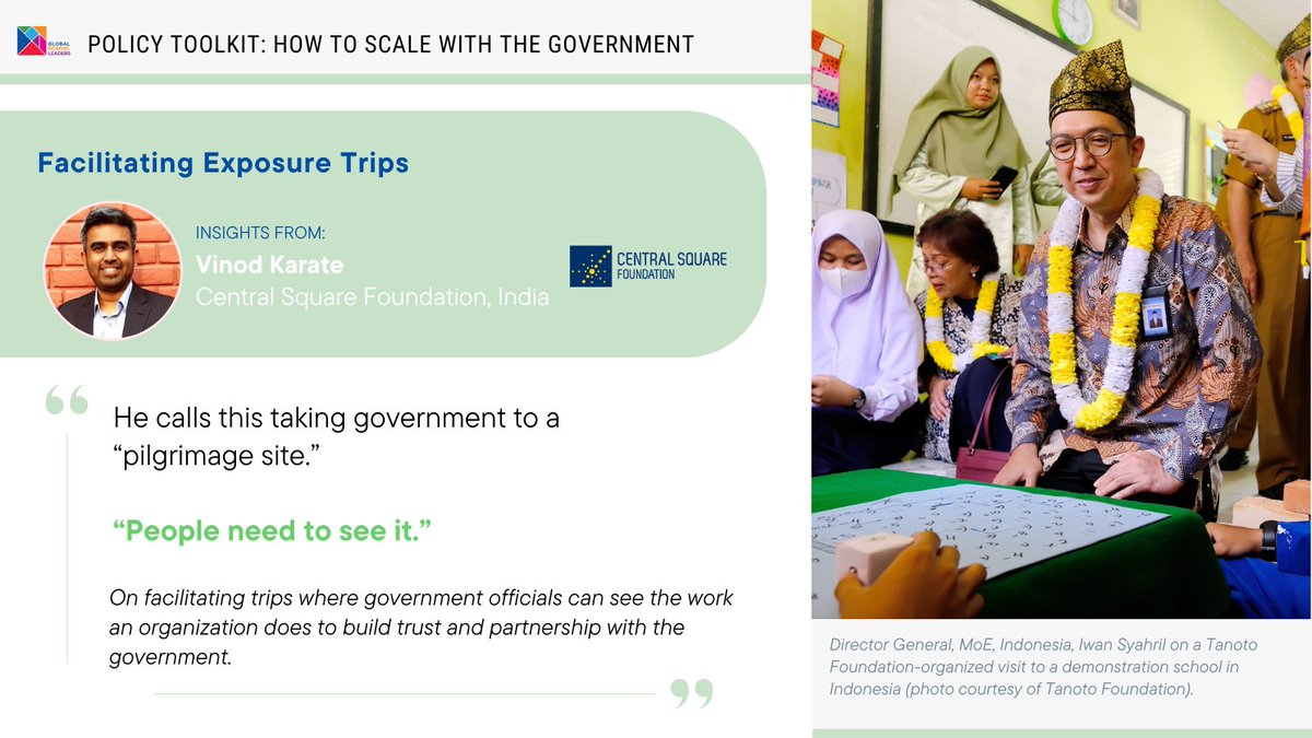 🌍Exposure trips can bridge the gap between policymakers & ground realities. Vinod Karate from @CSF_India shares insights on facilitating these trips to build credibility in 'How to Scale with Government'. 🔗Access the full policy toolkit: bit.ly/49r3B1i