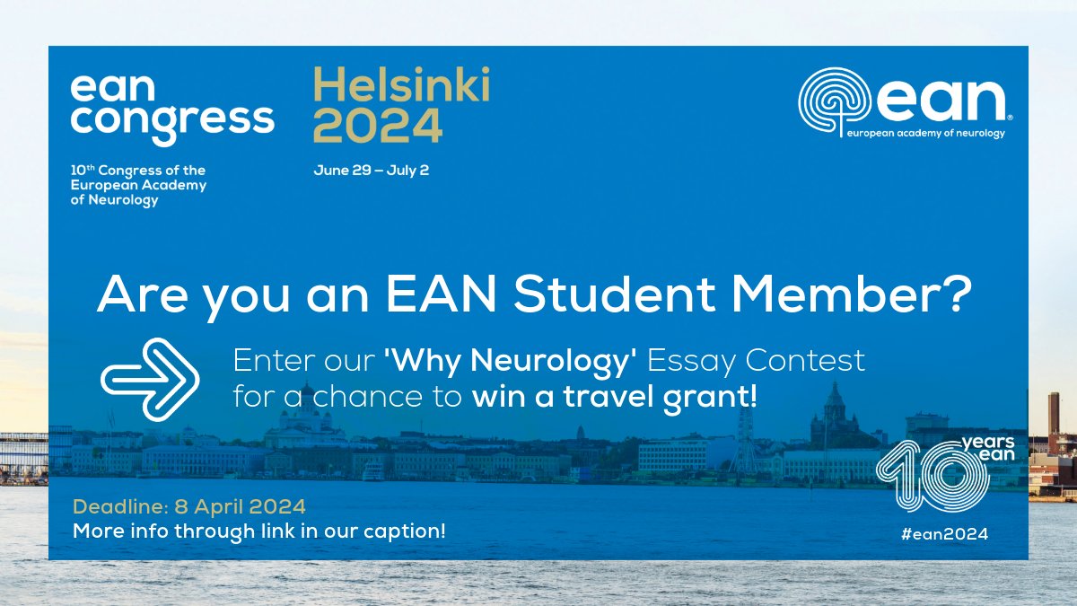 Share your passion for neurology be entering in our 'Why Neurology' essay contest! 🎊 Open exclusively to #EANStudentMembers, this competition offers a chance to win 300 Euros towards your travel expenses #ean2024. 🔗More info: ow.ly/j8Av50R37Vl ➡️Deadline: 8 April 2024