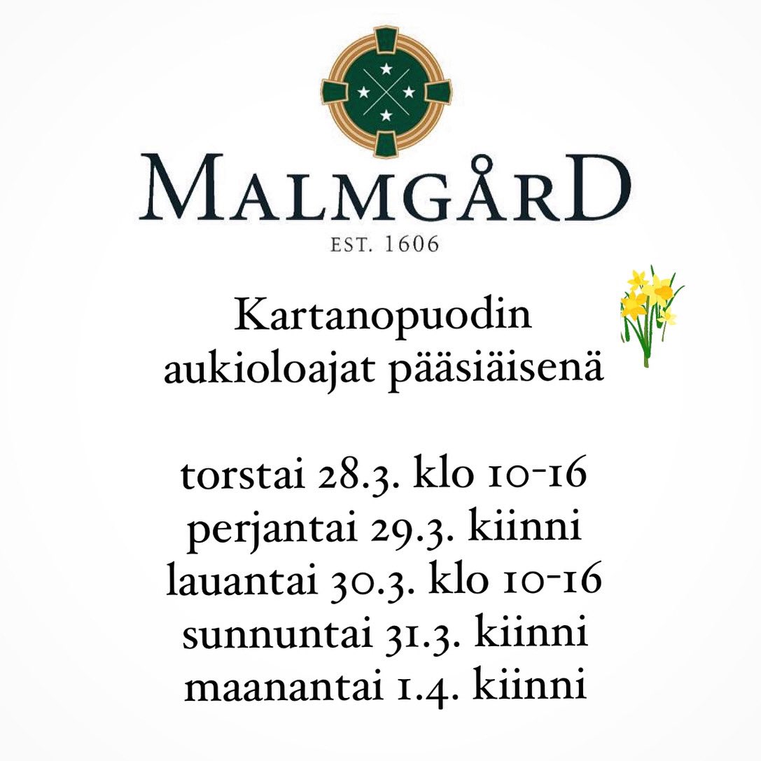 Malmgårdin Kartanopuodin aukioloajat pääsiäisenä 

torstai 28.3. klo 10-16
perjantai 29.3. kiinni
lauantai 30.3. klo 10-16
sunnuntai 31.3. kiinni
maanantai 1.4. kiinni

Toivotamme kaikille hyvää pääsiäistä!