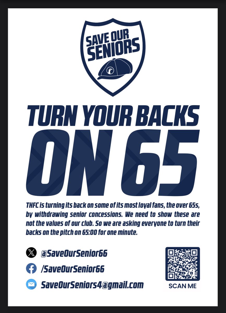 @SpursOfficial 📣 TURN YOUR BACKS ON 65 📣 Save Our Seniors is asking fans to turn their backs on the pitch on 65 minutes at the @SpursOfficial v @LutonTown match on Saturday in protest at THFC turning its back on some of its most loyal fans; the over 65s. Please join us 💪 Details here 👇
