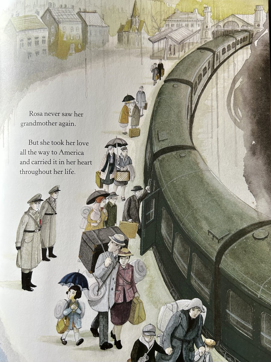 #NewIllustrationoftheDay: delicate ink and watercolour by Eliza Wheeler, with muted colour, and expressive grey smoke & dripped reflections in the rain. From What Rosa Brought by Jacob Sager Weinstein, based on his grandmother's memories as a refugee from Vienna. @HarperCollinsCh