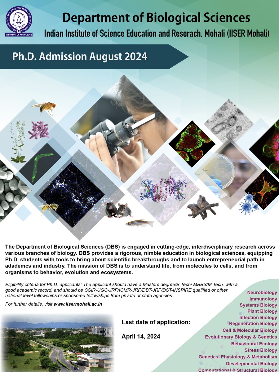 DBS @IiserMohali is now accepting applications for Ph.D. admission for August 2024. Motivated students ready to embark on cutting-edge research are encouraged to apply. Last date of application: April 14, 2024. Further details on iisermohali.ac.in/home/front-pag…