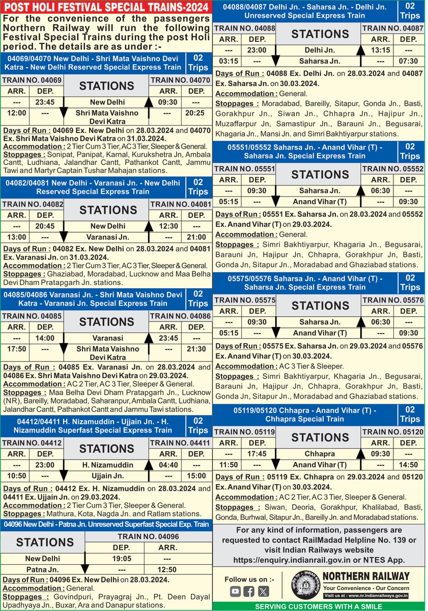 For the convenience of the passengers Northern Railway will run the following Festival Special Trains during the post Holiday period. The details are as under . 
#FestivalSpecial