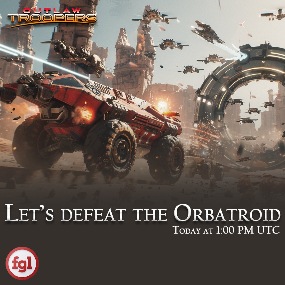 Are you ready to help us defeat the Orbatroid? 💪 Today at 1:00 PM UTC the Orbatroid arrives and we need you 🫵! We have lots of goodies we will be giving out: - 10,000 FGL 😎 - Outlaw Troopers prizes 🔥 - 10 Black Market tickets from @ApheliumGame 🤩 event.outlawtroopers.io