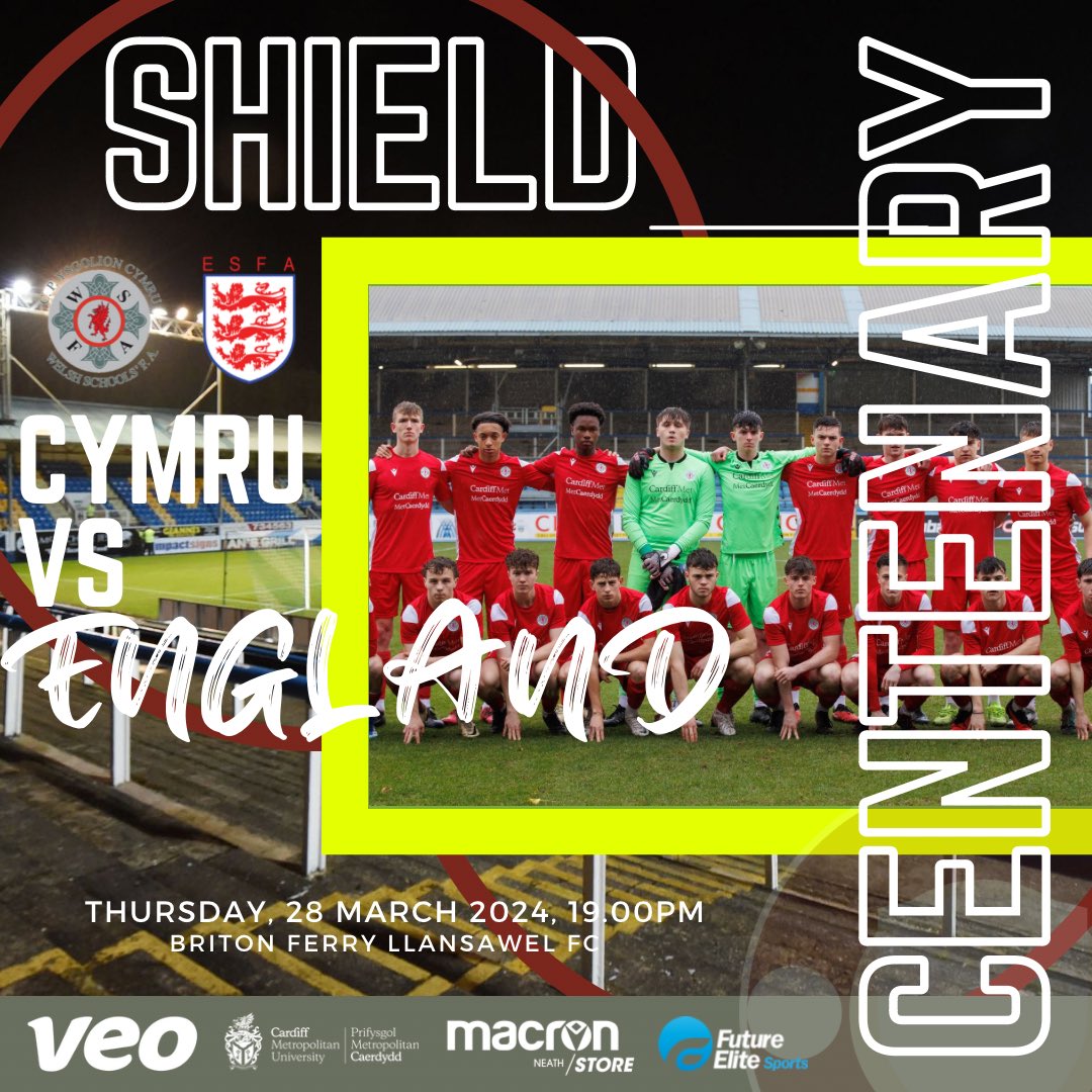 WelshSchoolsFA's tweet photo. INTERNATIONAL | U18 SAFIB Centenary Shield 🛡️

⚽️ MATCHDAY

🏴󠁧󠁢󠁷󠁬󠁳󠁿🆚🏴󠁧󠁢󠁥󠁮󠁧󠁿‼️🔥

🛡️ All roads lead to @bflafc as #Cymru face #England

⏰ 7pm KO

🎥 Streamed live via https://t.co/zmXRKopVZw or on the @c4sport app

🤝 | @MacronNeath, @veotechnologies, @cardiffmet &amp; @FutureEliteS

#WSFA https://t.co/JqDCEadz6A