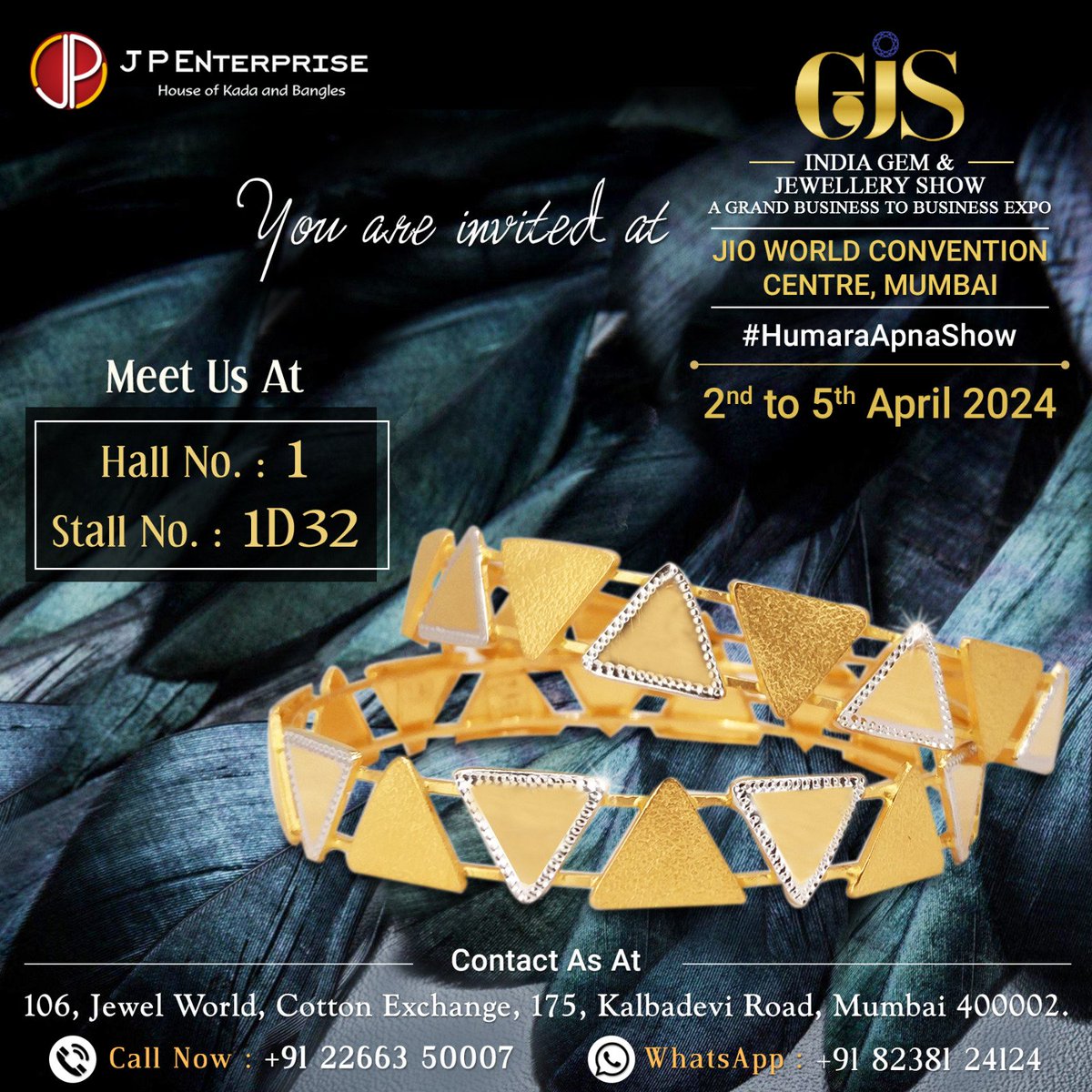 We are pleased to invite you to witness our Glamorous Collection at the #GJS2024 happening from 2 to 5 April at the #JioWorldConventionCenter #Mumbai
Visit us at Stall No : 1D32
#gjs #HumaraApnaShow #jewelleryshow #jewelleryexhibition #goldbangles  #mumbaijewellery #goldjewellery