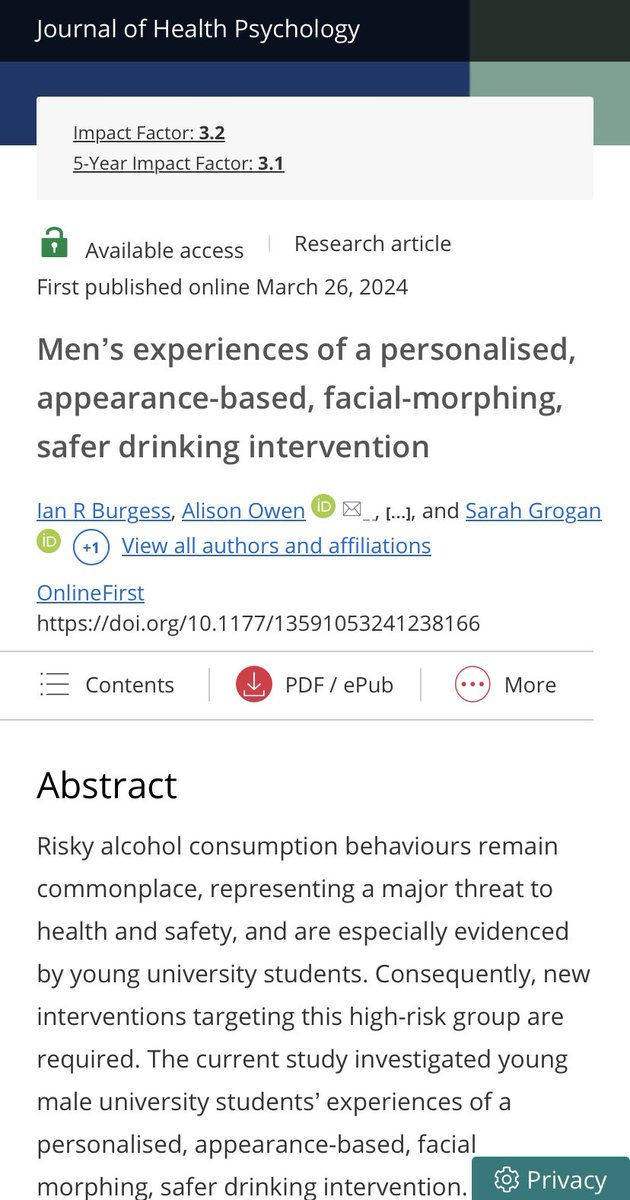 Our article looking at men’s experiences of a personalised, appearance-based, facial-morphing, safer drinking intervention, using @changemyface technology, is now available online @StaffsResearch @StaffsPsych @HealthPsyStaffs