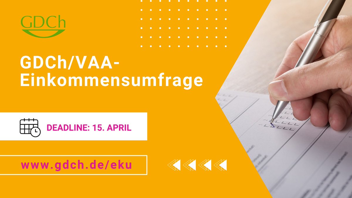 Endspurt bei der #GDCh/#VAA-#Einkommensumfrage! Jetzt noch bis zum 15.04. mitmachen und exklusiv die vollständige Auswertung erhalten. Noch keinen Fragebogen zur Hand? Schnell unter karriere@gdch.de anfordern. Details unter gdch.de/eku