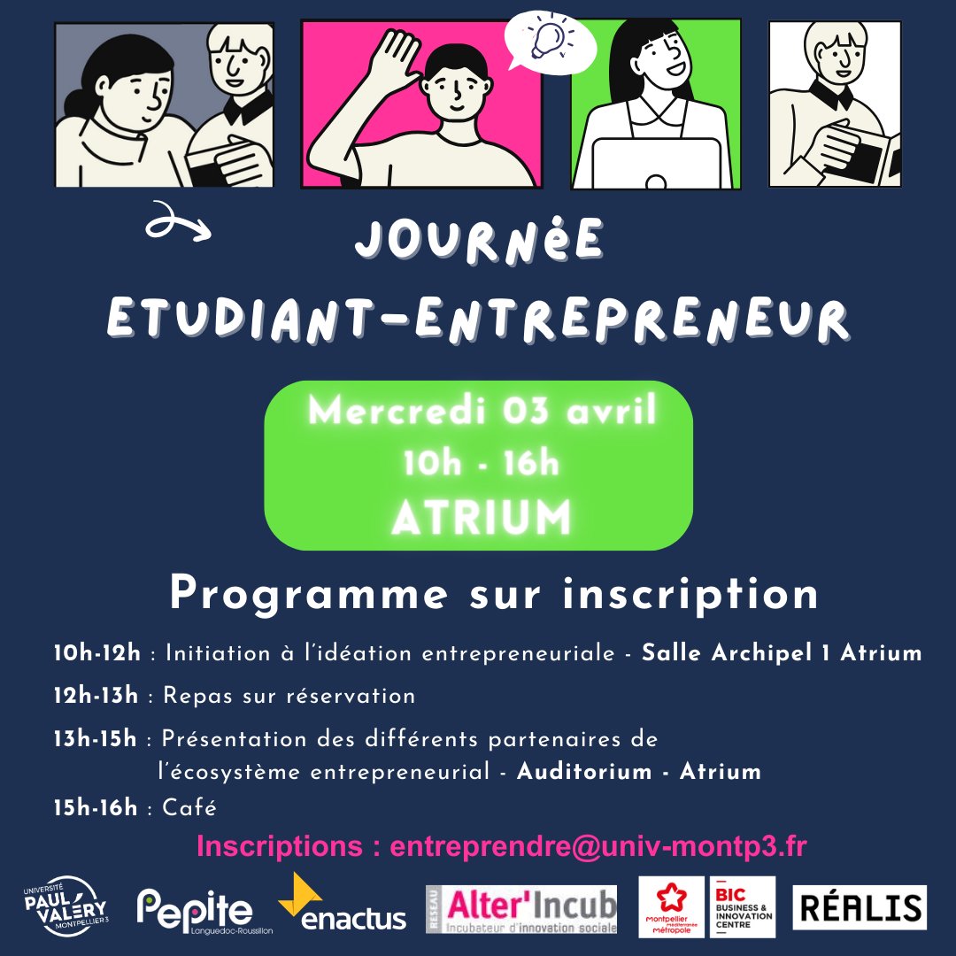 🚀🎓 Mercredi 03 avril : journée spéciale entrepreneuriat à l'Université Paul-Valéry - Montpellier 3 ! 💼🌟Les étudiants sont invités à découvrir les opportunités pour leurs projets innovants.  #Entrepreneuriat #Innovation #UPVM3