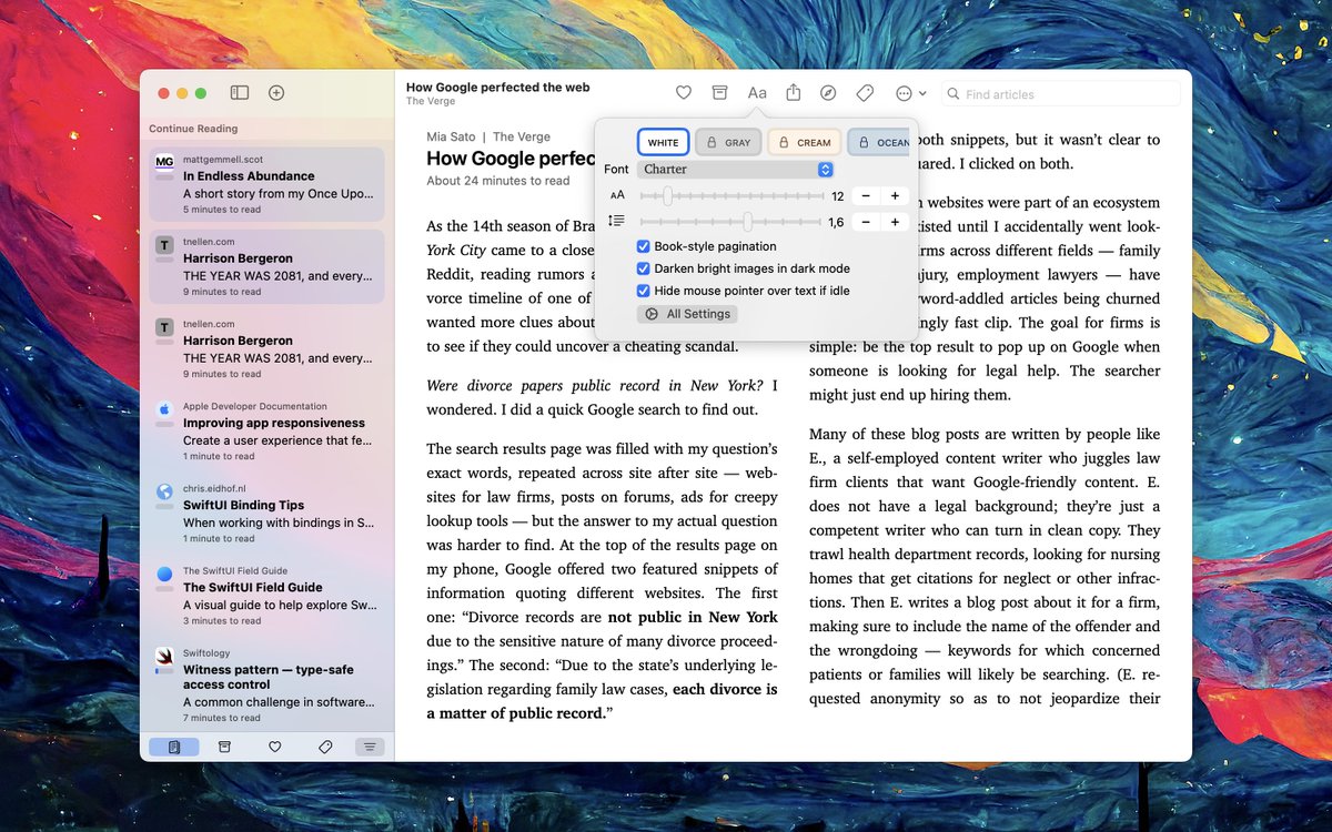 _maxmelzer's tweet image. Heute ist der große Tag: Meine selbst entwickelte App #Flyleaf ist jetzt im #AppStore kostenlos erhältlich.

apps.apple.com/app/flyleaf-re…

Flyleaf ist eine App, die Artikel aus dem Web speichert und in einer übersichtlich Leseansicht anzeigt, ohne Werbung oder andere Ablenkungen.