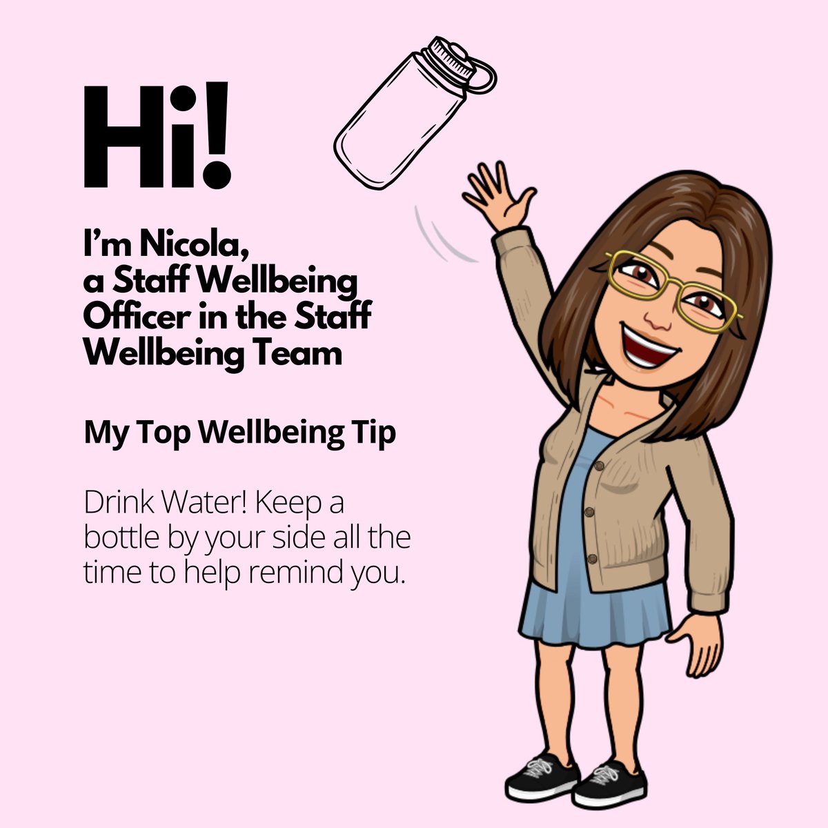 Meet Nicola, one of our Staff Wellbeing Officers. She spends her time working on our menopause support and health checks programme. Her wellbeing top tip is try and and keep hydrated, keeping a water bottle nearby will help with this