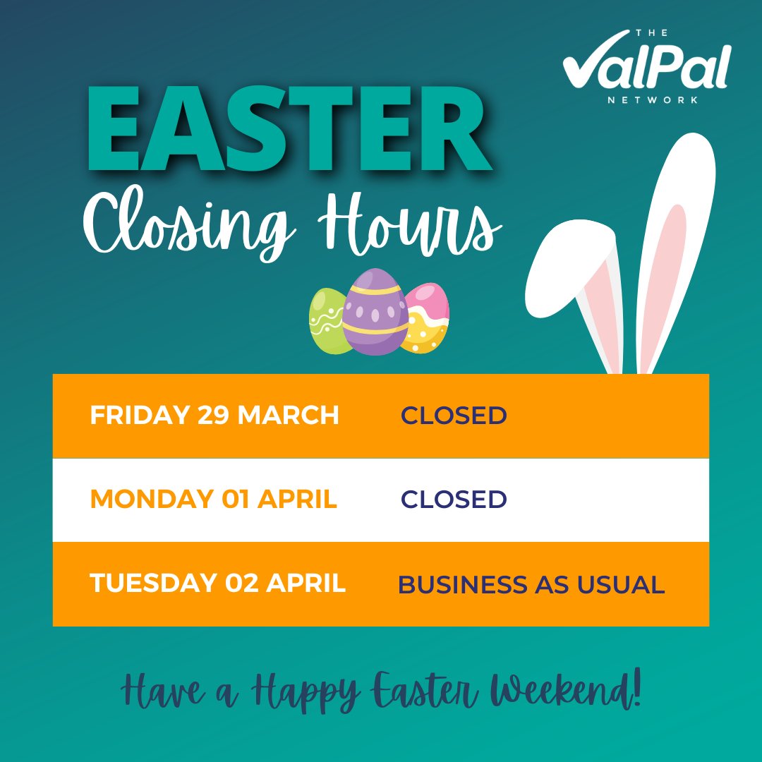 The Angels Media and ValPal Team will be away from the office, immersed in sweet celebrations, so please be aware of our closure times over the Easter Weekend. 🐰💙 We hope you enjoy a well-deserved break with your loved ones! 😍✨ #ValPal #Easter #OpeningHours #ClosingTimes