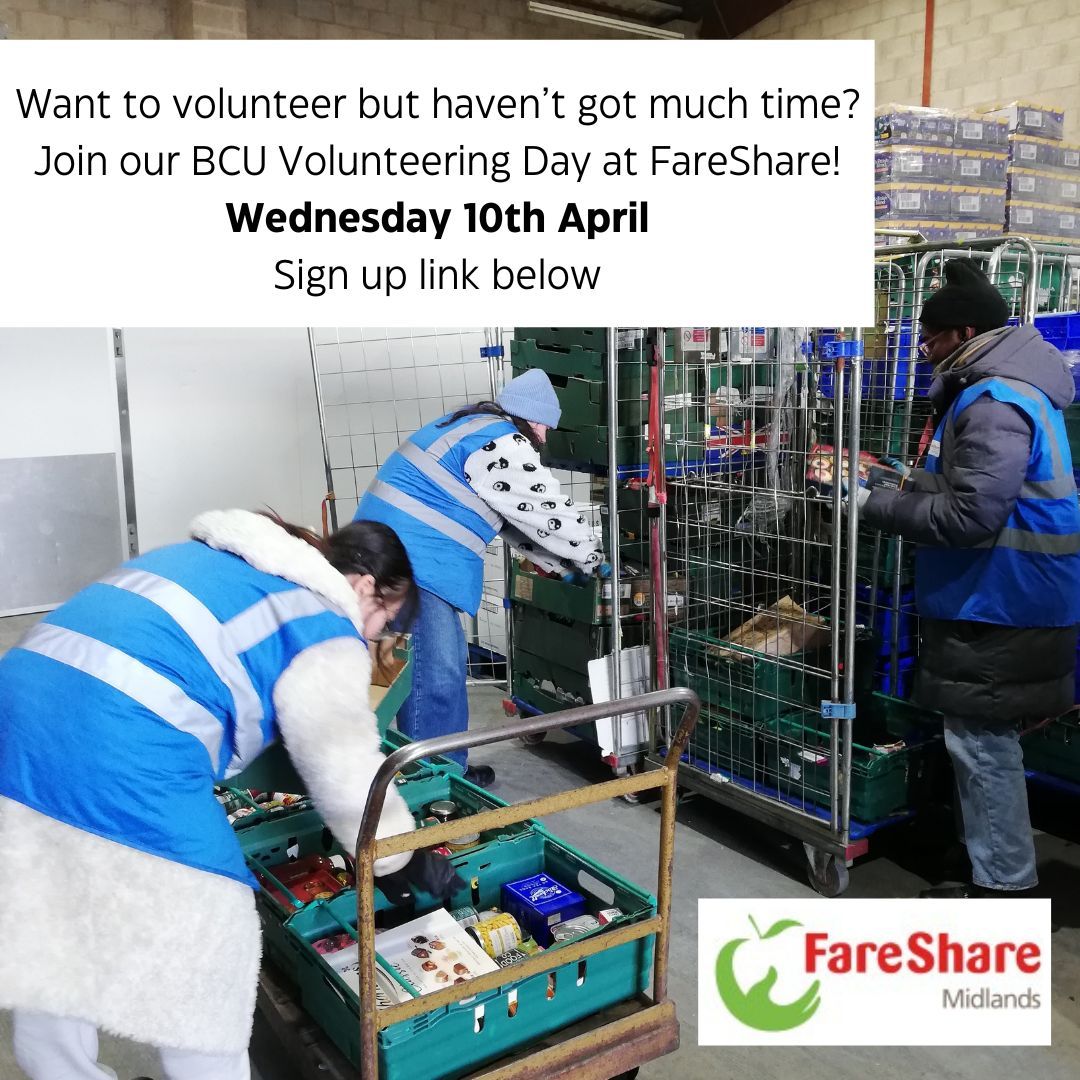 Help us tackle food waste and provide donations for community groups across the West Midlands with our volunteering day at Fareshare! Signup here: buff.ly/4arlKfF #IamBCU #BCUVolunteering