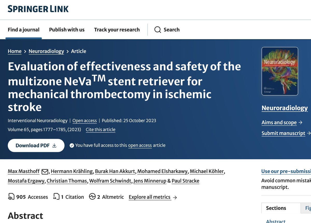 Evaluation of effectiveness and safety of the multizone NeVaTM stent retriever for mechanical thrombectomy in ischemic stroke, by M Masthoff et al on #Neuroradiology December Issue ow.ly/luup50R3S84 @esnrad