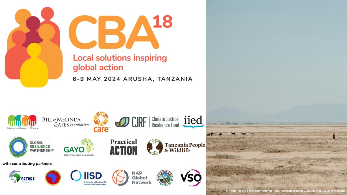 CBA18 is the space for the adaptation community to share and co-create learning for #ClimateAction through discussion, debate, skill-shares and knowledge exchange. Don't miss it!

Join us in Arusha, Tanzania for #CBA18 from 6-9 May! --> iied.org/cba18