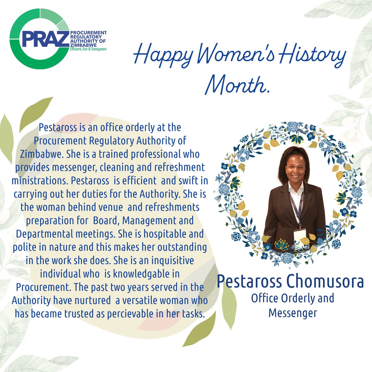 Celebrating remarkable women in public procurement. Ms. Pestaross Chomusora is a hardworking, joyful team player in the Administration division, who carries out her tasks diligently to ensure comfortable operations. #InclusivityInPublicProcurement #InternationalWomensMonth2024