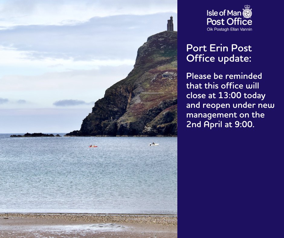 Port Erin Post Office will close today (28th March 2024) at 13:00 and reopen at 9:00 on Tuesday 2nd April.