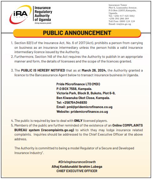 In the papers.
Pride Microfinance LTD (MDI) joins the list of IRA Licensed Bancassurance Agents.
#DrivingInsurancegrowth #BeInsured