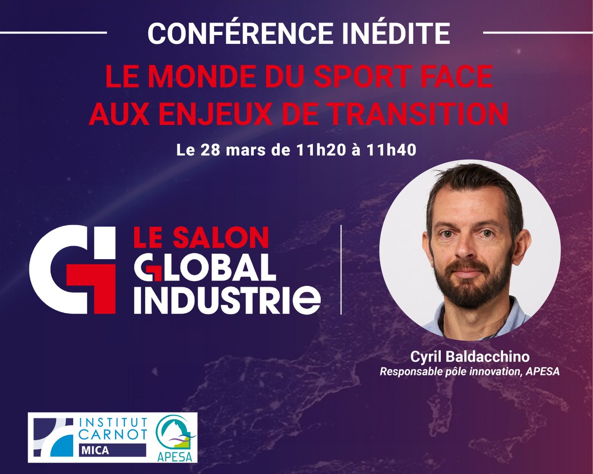 Carnot MICA (@carnotmica) on Twitter photo À l'approche des jeux olympiques et paralympiques, découvrez comment le sport devient un levier crucial pour atteindre les objectifs de développement durable.
Cyril Baldacchino, responsable du pôle innovation à <a href="/APESAvalorisat2/">APESA Pôle valorisation</a> animera une conférence, au <a href="/Salon_GI/">GLOBAL INDUSTRIE</a> à 11h20. À l'approche des jeux olympiques et paralympiques, découvrez comment le sport devient un levier crucial pour atteindre les objectifs de développement durable.
Cyril Baldacchino, responsable du pôle innovation à <a href="/APESAvalorisat2/">APESA Pôle valorisation</a> animera une conférence, au <a href="/Salon_GI/">GLOBAL INDUSTRIE</a> à 11h20.