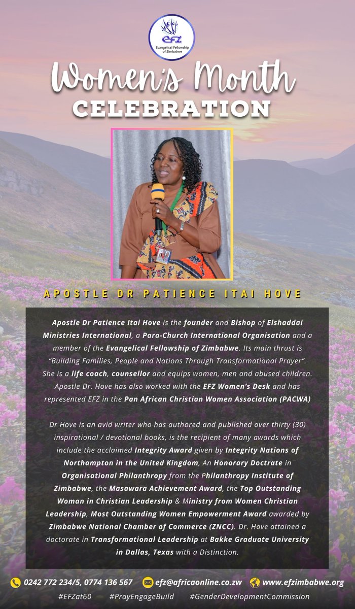 As we continue with our Women's Month Celebrations.....today we cast the spotlight on Apostle Dr. Patience Itai Hove @clarachiseko @GFaithzim @CAID_Zimbabwe @zccinzim @HarareCCJP @ginahmutema1 @idzai_murimba @trocaire @pastortmasuku