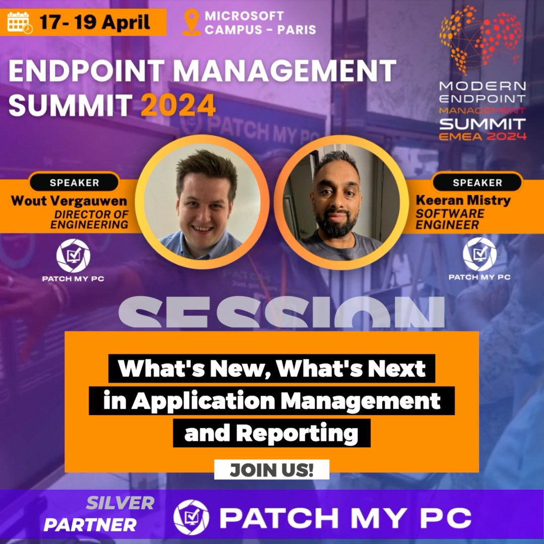 Join us in Paris at the @MemSummit! #PatchMyPC Engineers @Keeran_K_Mistry and @WoutVergauwen will host our sponsored session highlighting our new game-changing feature, #customapps, and our dashboard portal for #ConfigMgr, #AdvancedInsights. Make sure to add them to your 📆 !