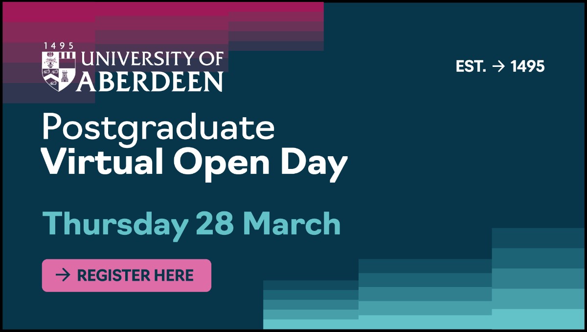 Our Postgraduate Virtual Open Day takes place today, Thursday 28 March, with sessions from 10am to midday & 5pm to 7pm, UK time. Speak with current students & ask questions of our experts throughout the event. We look forward to welcoming you. Register now abdn.io/yZ