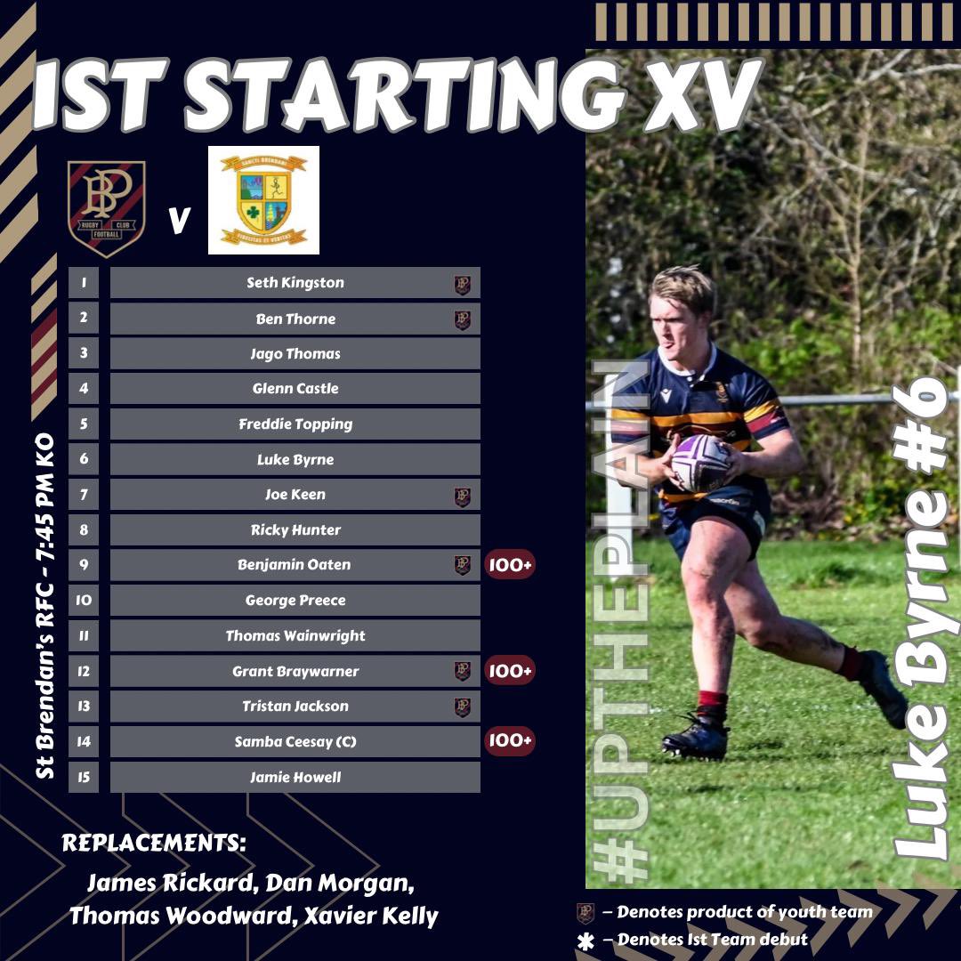 Your 1st starting XV for tonight’s league game away to @st_brendans_rfc at the rugby development centre on the Portway. All supporters welcome 🔵🔴🟡 #uptheplain