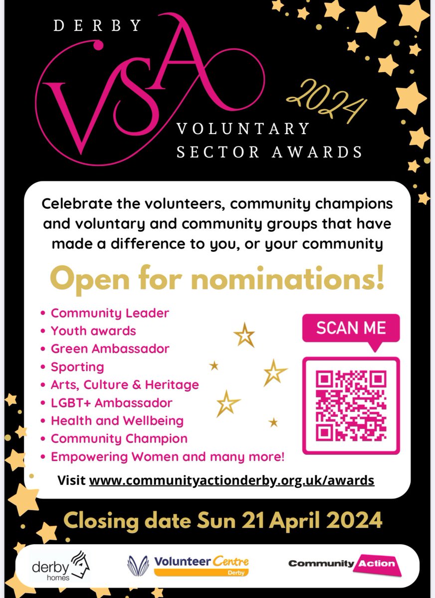 Do you know a local volunteer, charity, community group etc that goes above and beyond then please look at nominating them for this years volunteer sector awards with @DerbyCA @MarketingDerby @DerbyCC @DerbyHomes