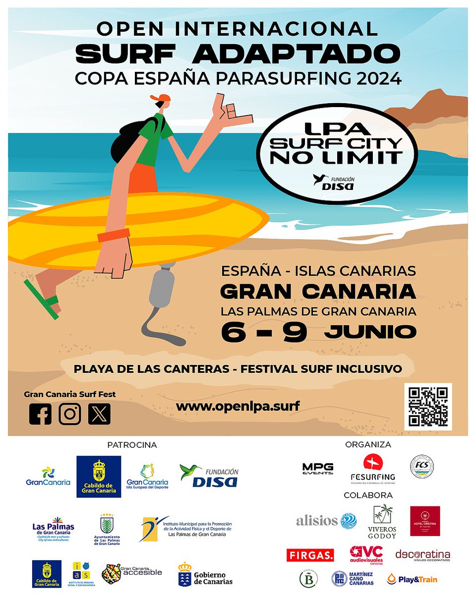 Gran Canaria sede del mejor surf adaptado del momento. 🤙 6 al 9 junio, La Cicer. 🏄‍♀️ III edición del LPA SURF CITY NO LIMIT FUNDACIÓN DISA. #surf #surfadaptado #grancanaria #laspalmasgc