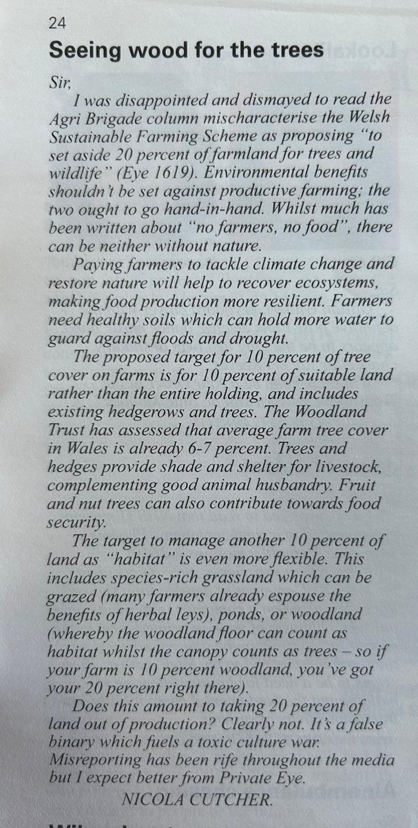 I’m fed up with misreporting of the Welsh Sustainable Farming Scheme. We can’t afford to play farming off against nature recovery: the two go together. Glad @PrivateEyeNews printed my letter to correct the record.