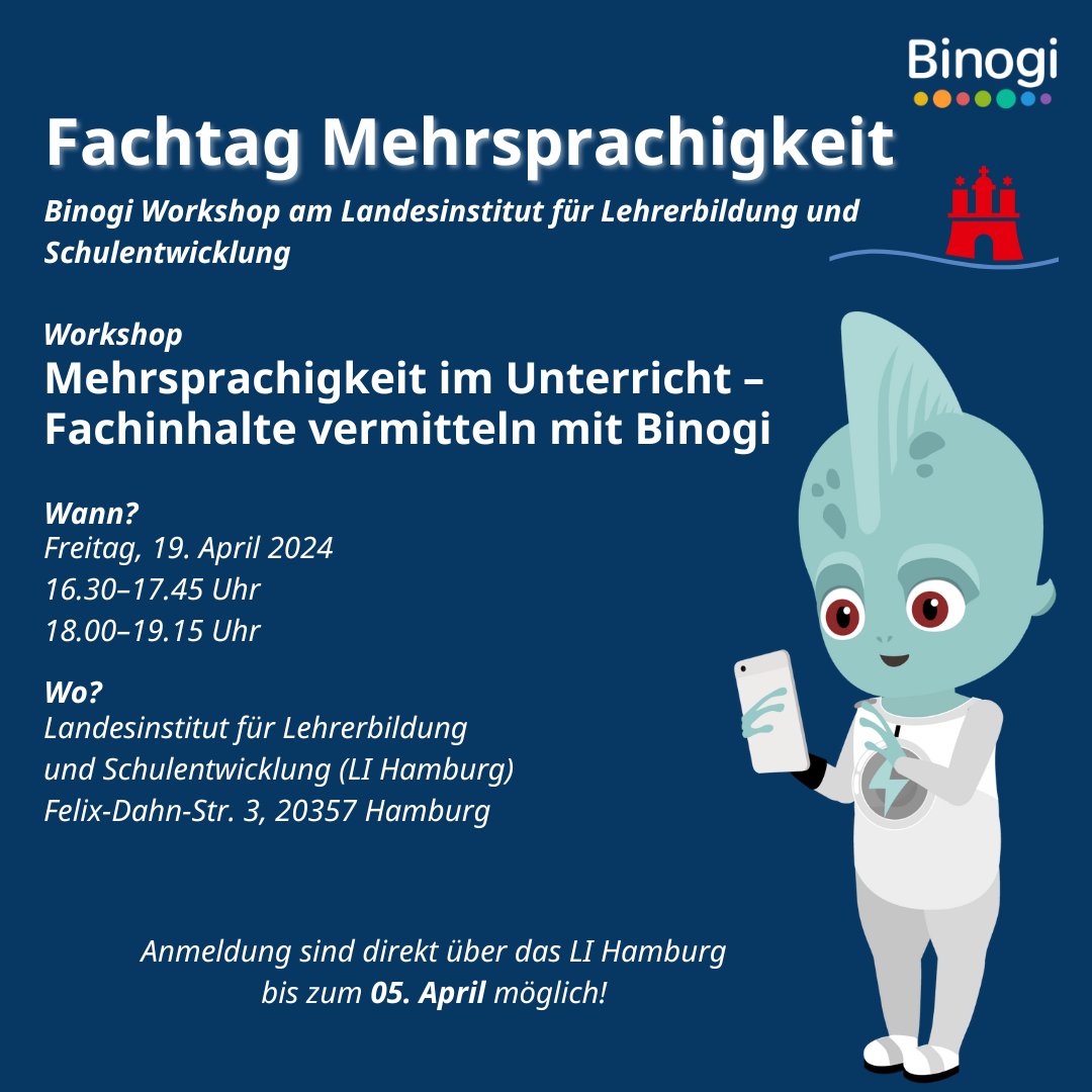 Das LI Hamburg lädt ein zum #Fachtag #Mehrsprachigkeit und #Binogi ist bei einem Workhsop dabei! 
19. April im LI Hamburg – Anmeldung und mehr Infos für Hamburger Lehrkräfte hier li.hamburg.de/fachtag-mehrsp…